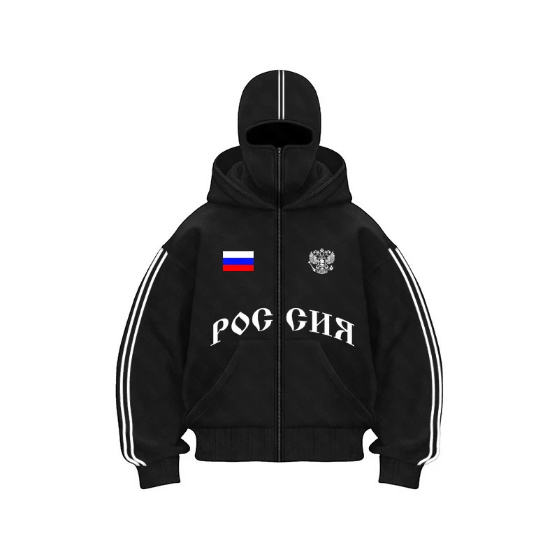 Russia Vintage Double Zip Hoodies Y2K Clothes Men Hip Hop Lettering Graphic Oversized Hoodies Sweatshirts Casual Jacket 251201