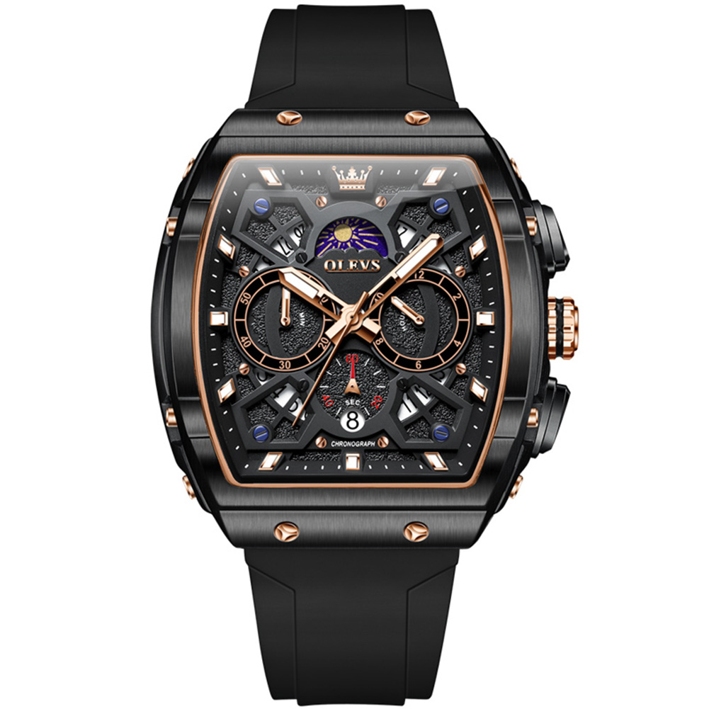 OLEVS Autumn new wine barrel shaped dial multifunctional quartz men's watch three eye calendar quartz watch silicone watch band