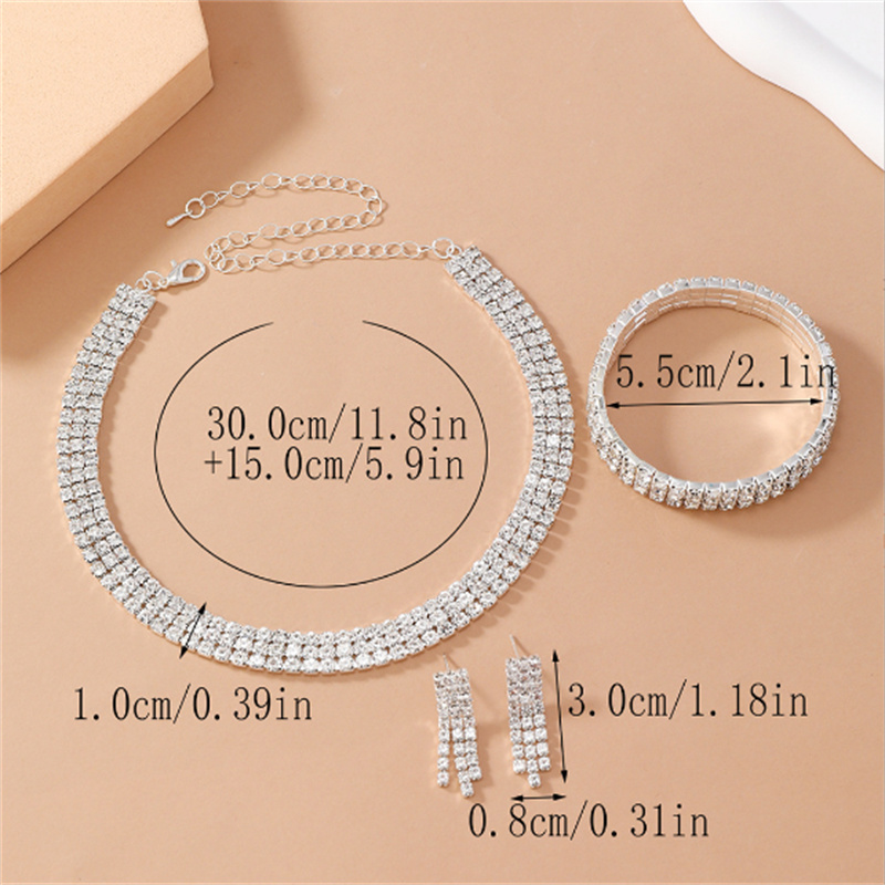 Silver Necklace Earrings Bracelet Crystal Bridal Wedding Jewelry Sets for Brides Bridesmaid Prom Costume Accessories Z260313
