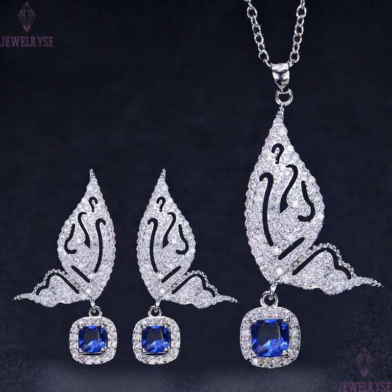 2pcs/set Fashion Wedding Designer Jewelry Set Woman Diamond Butterfly Necklace Earrings Yellow Blue AAA Cubic Zirconia Earring Necklaces forBridesmaid
