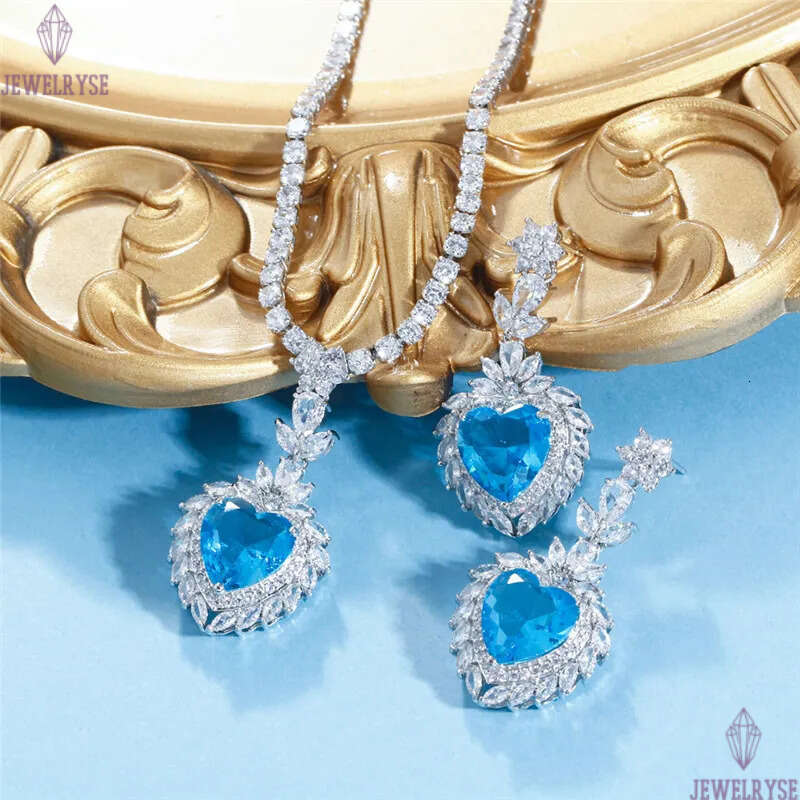 Sparkling wedding designer set heart tennis necklace earring african jewelry sets Blue Green AAA Zirconia Woman Diamond Earrings Necklaces Dinner Part