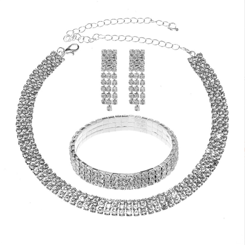 Silver Necklace Earrings Bracelet Crystal Bridal Wedding Jewelry Sets for Brides Bridesmaid Prom Costume Accessories Z260313