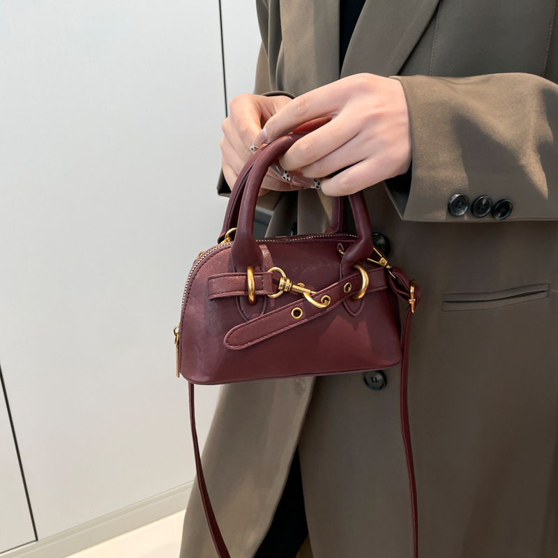 Taupe Mini Dome Top Handle Bag Leather Look Crossbody with Metal Buckle Accent Chic Design for Everyday Use 1100368158