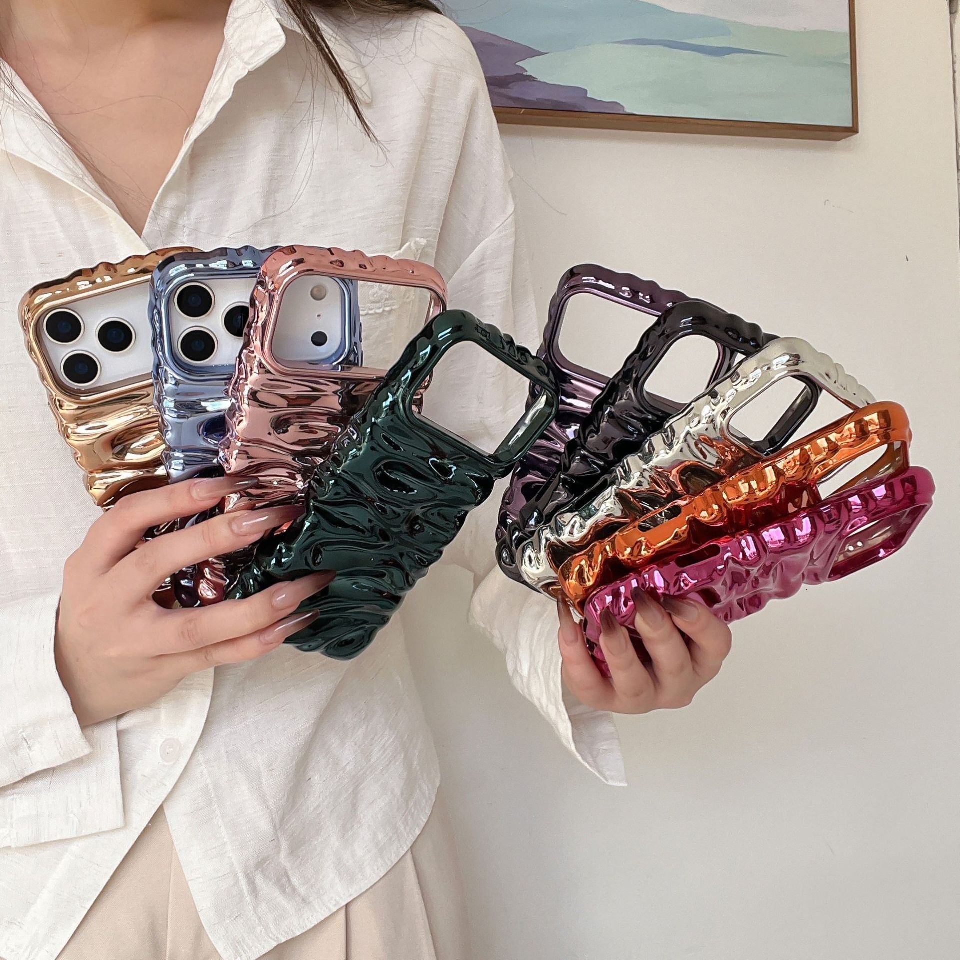 3D Wrinkle Cream Texture Compatible with iPhone 17 Pro Max Apple 16 Phone Case Electroplated 15 High-end Feel Export