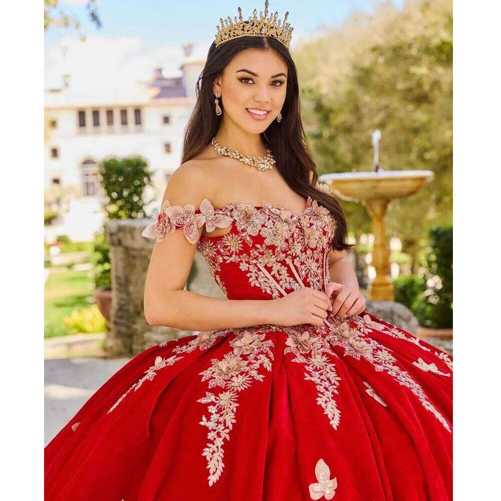 D Red Butterfly Princess Quinceanera Dresses Ball Gown Off The Shoulder Gold Appliques Corset Sweet Vestidos De XV Anos