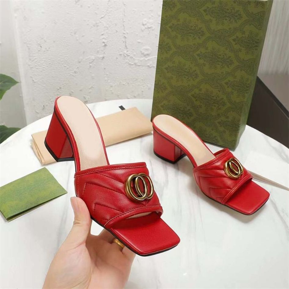 New Designer Womens Slippers Mid Heel Leather Fashion Sexy Embroidered Summer Chunky Heel Sandals 55cm Summer E gucciis guccis gg guccisandals guccislides HYWS