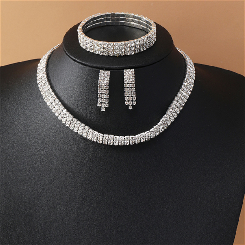 Silver Necklace Earrings Bracelet Crystal Bridal Wedding Jewelry Sets for Brides Bridesmaid Prom Costume Accessories Z260313