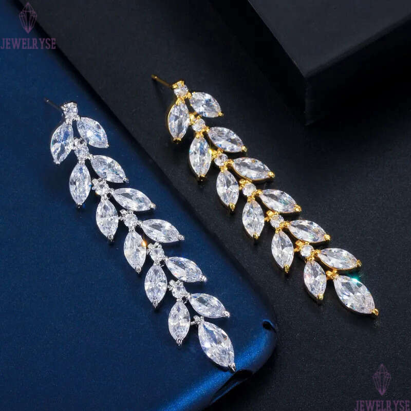 long dangle designer earring for woman AAA cubic zirconia leaf copper luxury 62mm white CZ 18k gold silver earrings party friend bride wedding womens 