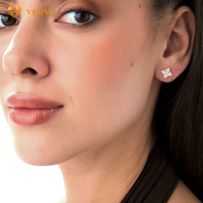 14k Petal Halo Stud Natural VVS Moissanite Women Flower Earrings