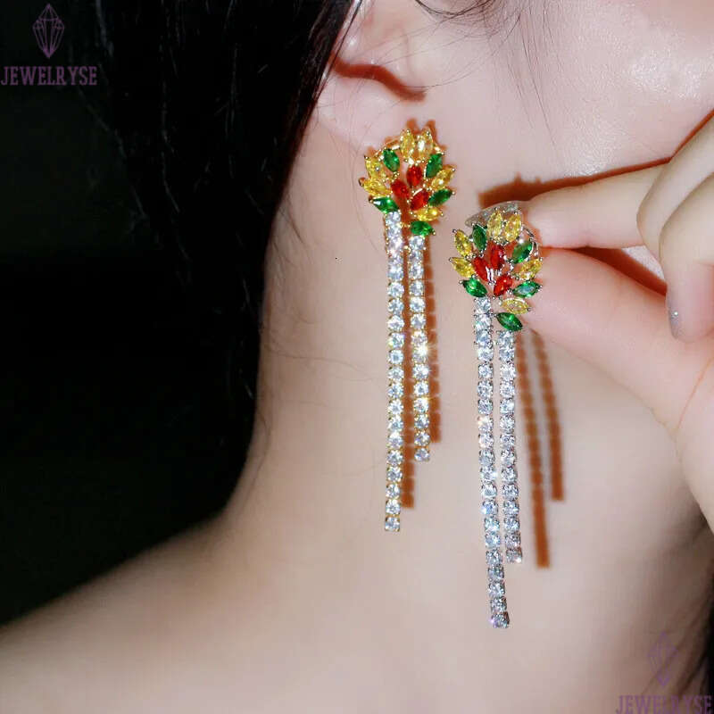Top Grade Long Dangle designer earring 18 Water Drop Flowers White Green AAA Cubic Zirconia Copper 18k Gold Silver Earrings jewelry For Women Bride We