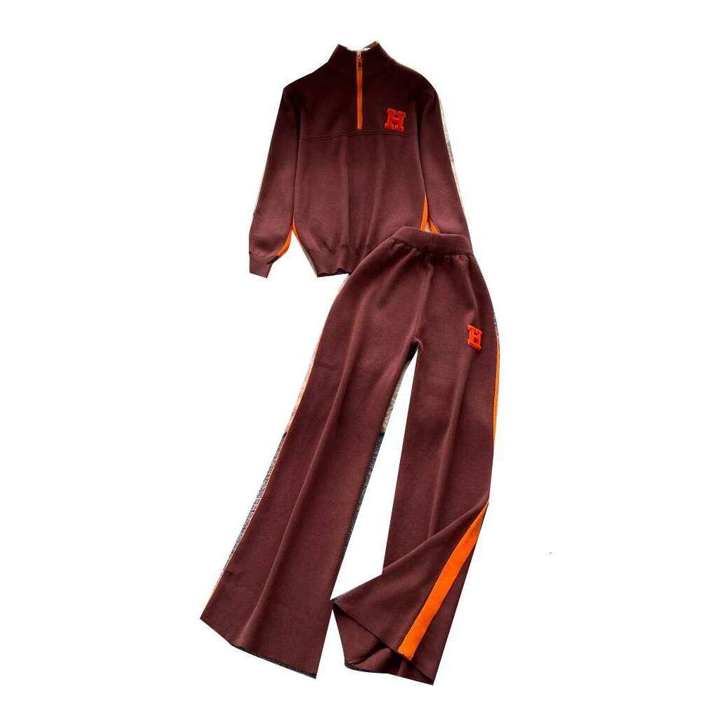 Spor Casual Outfit Women's Autumn Design Contrast Color Letter Embroidery Stand Collar F Zip Knitted Top Wide Leg Pants