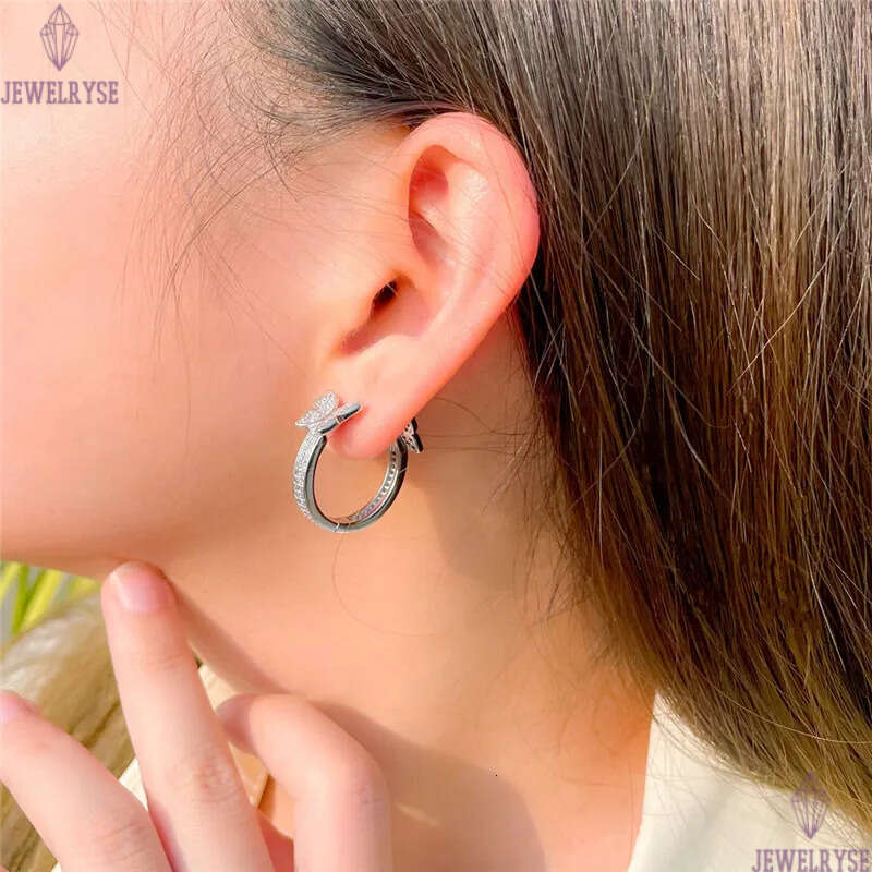 18k gold butterfly hoop earring designer for woman jewelry white AAA cubic zirconia copper round silver diamond earrings womens friend gift size 2.2cm