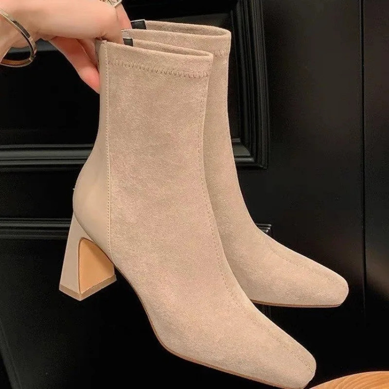 Square Toe Thick Heel Womens Korean Fashion Short-tube High-heeled Suede Socks Boots Elastic Slim Boots 251204
