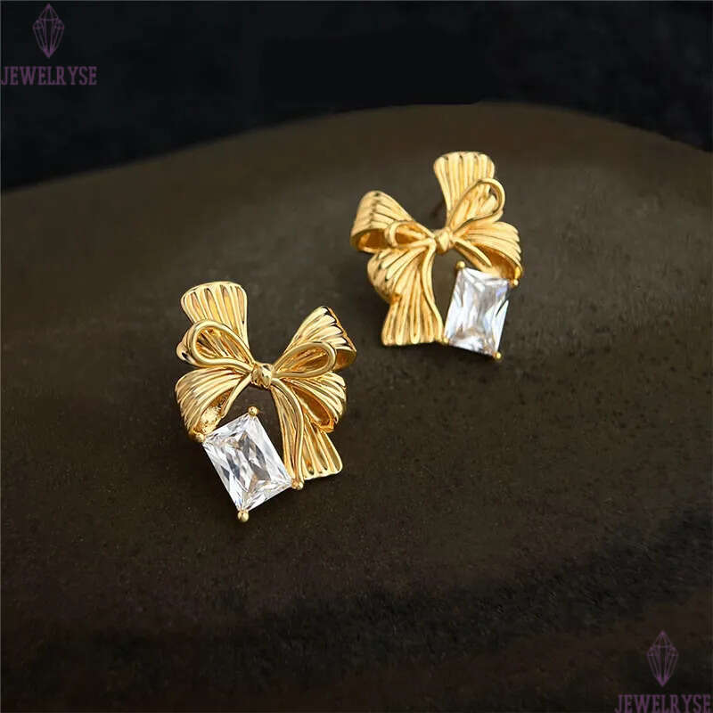 trendy CZ 18k gold bowknot stud designer earring AAA cubic zirconia for woman party earrings ear clip jewelry S925 silver needle womens valentines day