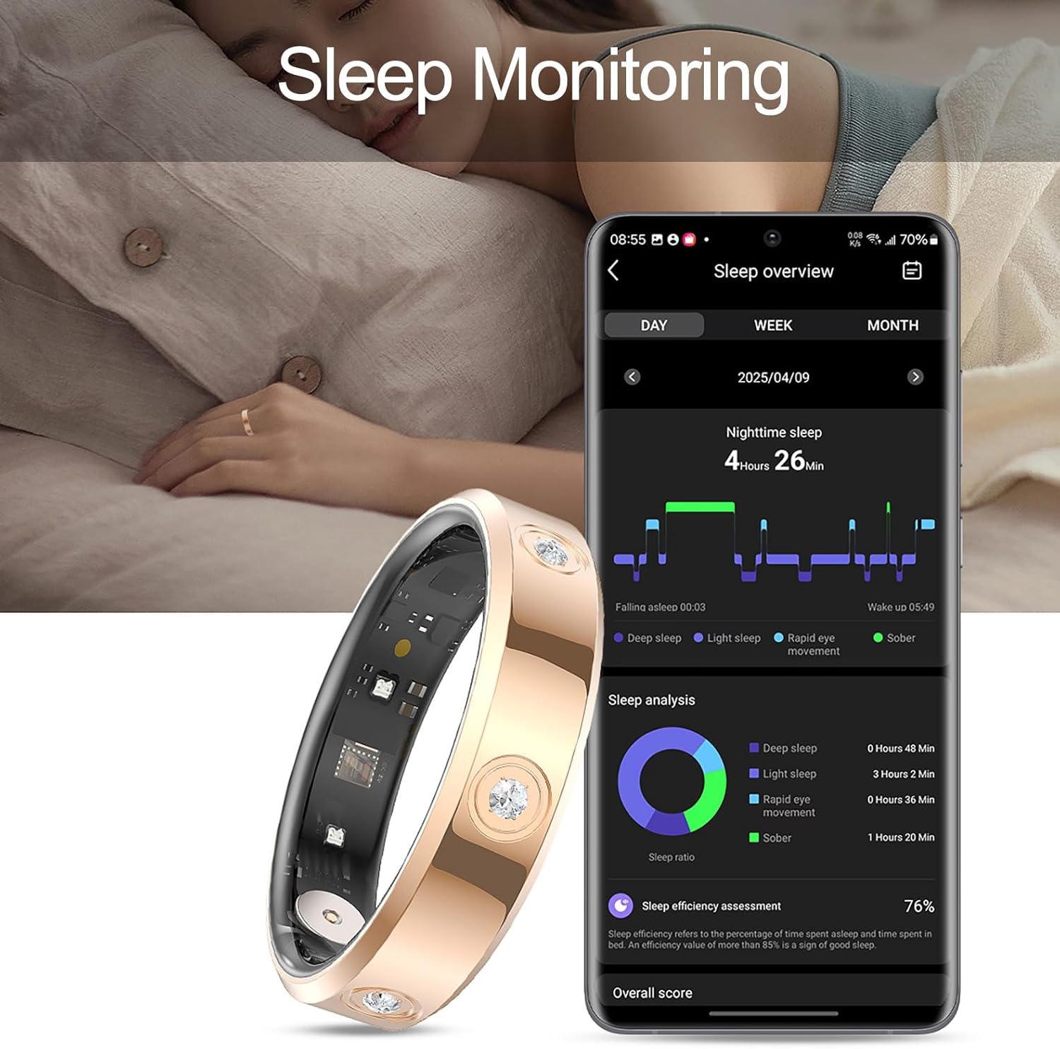 HR01 Smart Ring for Women Fitness Ring Health Ring with Diamonds Fitness Tracker with Heart Rate Sleep Monitor No Subscription Fee for Android iOS