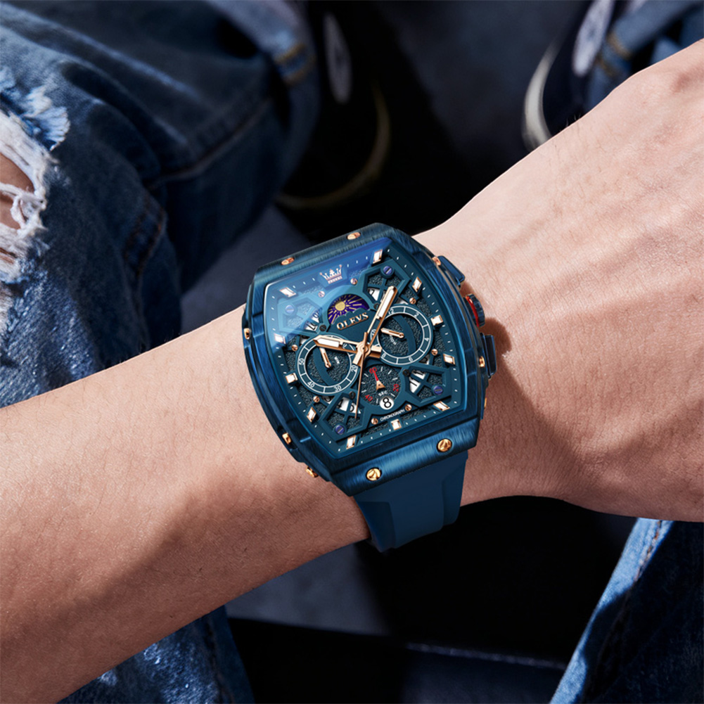 OLEVS Autumn new wine barrel shaped dial multifunctional quartz men's watch three eye calendar quartz watch silicone watch band