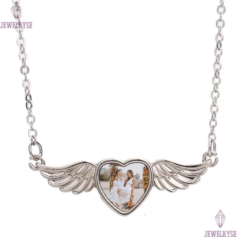 DIY sublimation blank couples mens designer jewelry love wing heart necklace woman party Photo Frame Silver Pendant Necklaces for Women Souvenir Gift