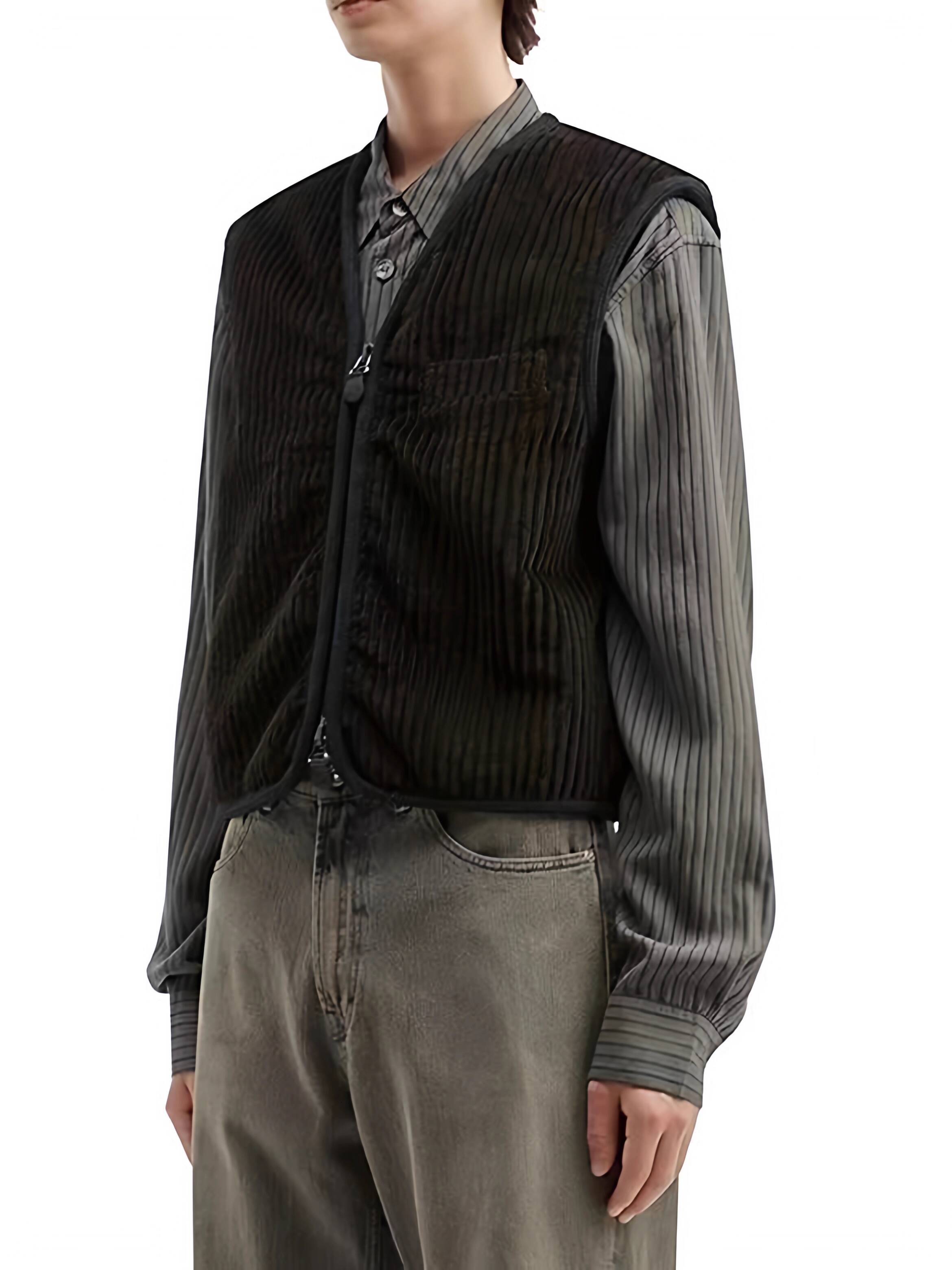 Men's Vests Our Legacy Style TOP VEST Dark Brown Striped Corduroy Fleece-Lined Vest