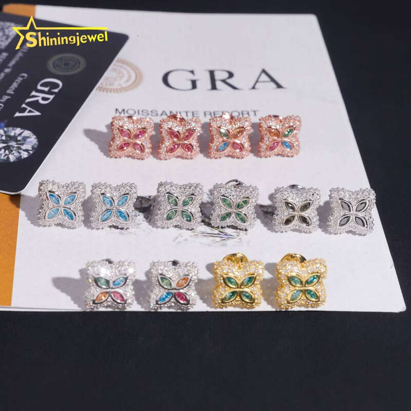 New Arrival Custom Hip-Hop Men's Ice-Cold 925 Silver Clover Flower Multicolor Marquise 15MM Millimeter VVS Moissanite Earrings
