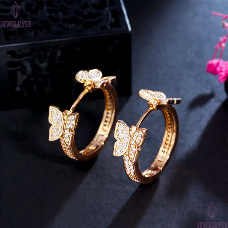 18k gold butterfly hoop earring designer for woman jewelry white AAA cubic zirconia copper round silver diamond earrings womens friend gift size 2.2cm