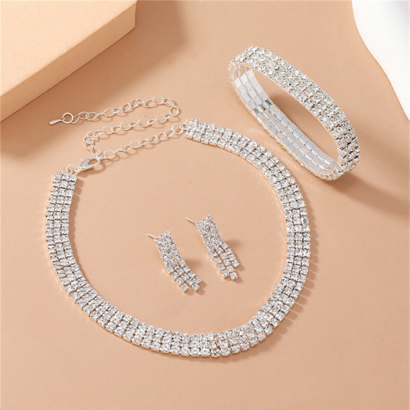 Silver Necklace Earrings Bracelet Crystal Bridal Wedding Jewelry Sets for Brides Bridesmaid Prom Costume Accessories Z260313
