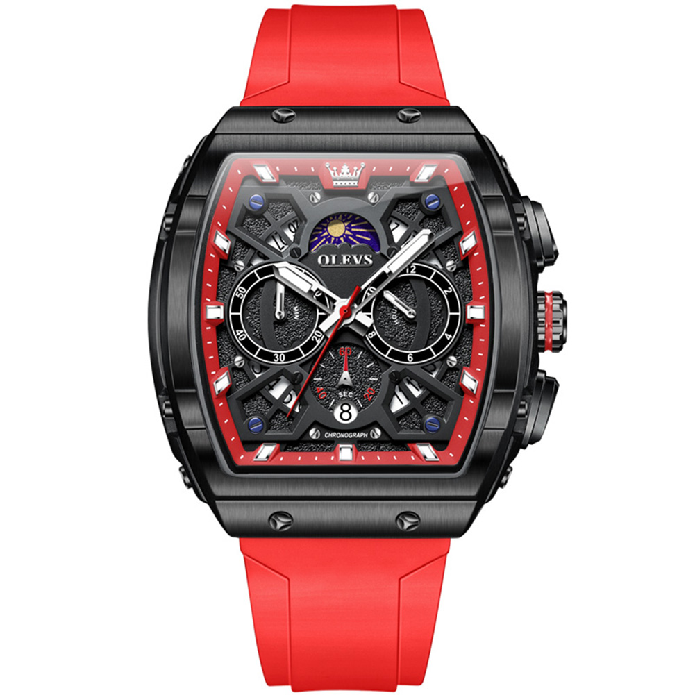 OLEVS Autumn new wine barrel shaped dial multifunctional quartz men's watch three eye calendar quartz watch silicone watch band