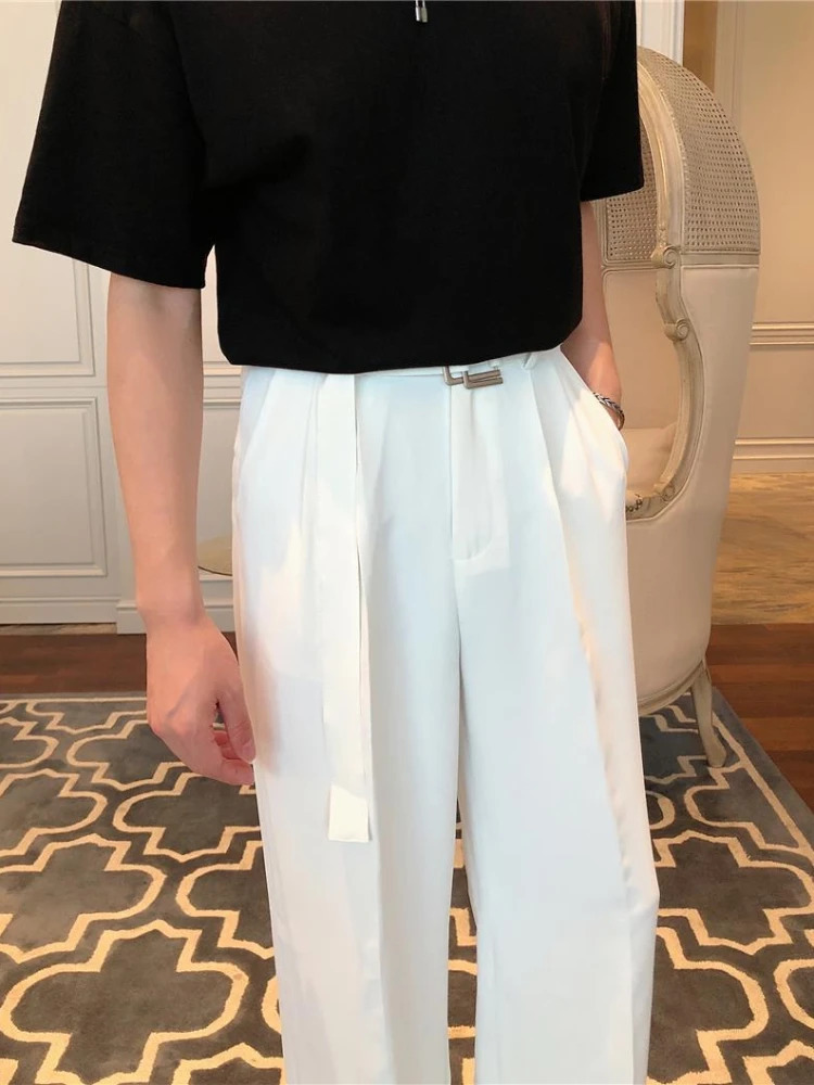 White Trousers For Men Baggy With Belt Wide Leg Elegant Spring Clothes Man Suits Pants Clothing Promotion Fabric Summer 2025 251204