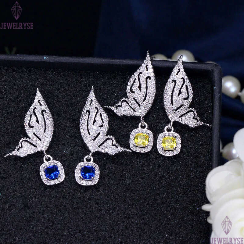 2pcs/set Fashion Wedding Designer Jewelry Set Woman Diamond Butterfly Necklace Earrings Yellow Blue AAA Cubic Zirconia Earring Necklaces forBridesmaid