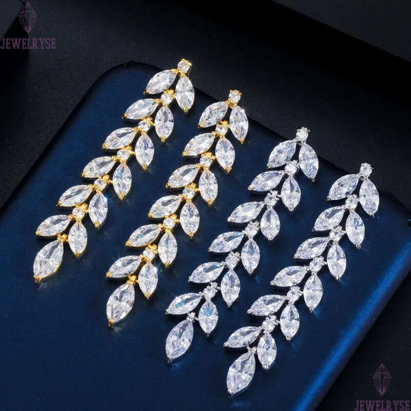 long dangle designer earring for woman AAA cubic zirconia leaf copper luxury 62mm white CZ 18k gold silver earrings party friend bride wedding womens 