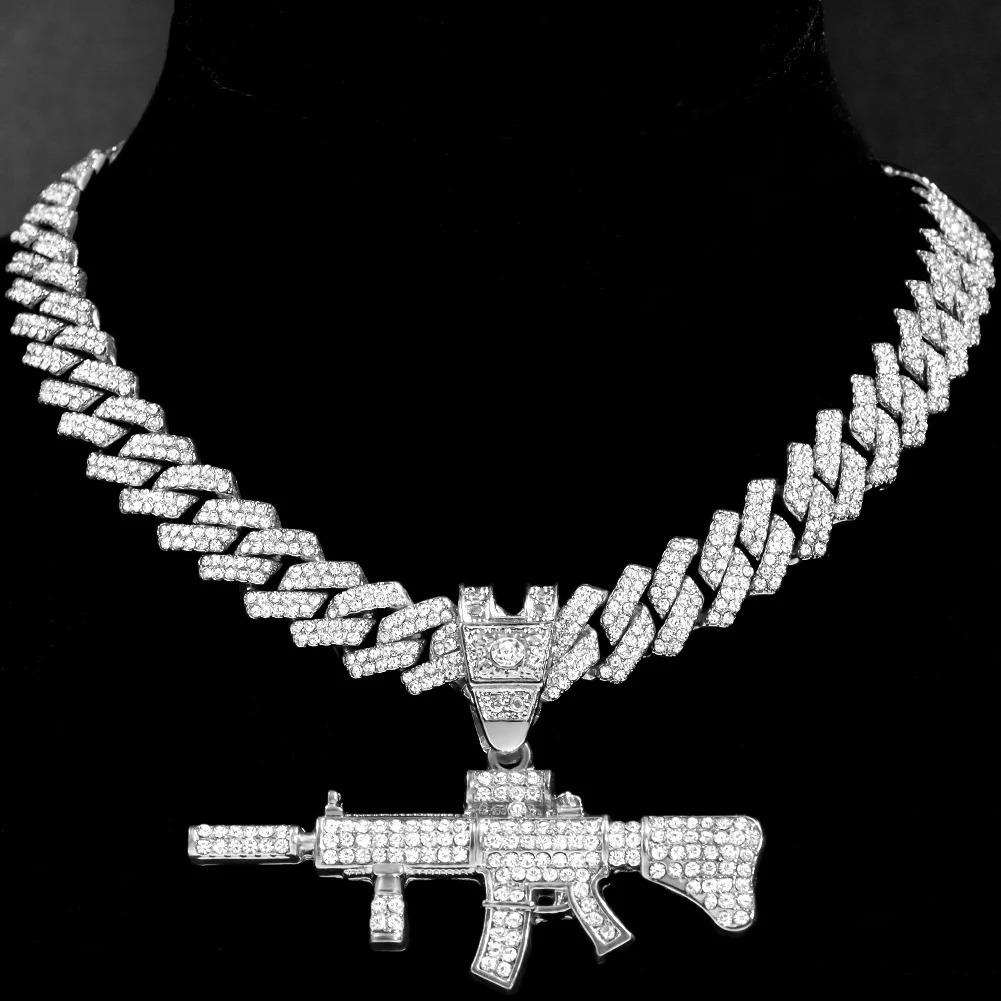Men Women Crystal Gun AK47 Pendant Necklace Punk Hip Hop 14MM Prong Miami Cuban Link Chain Rapper Necklaces Jewelry For Gifts 251204