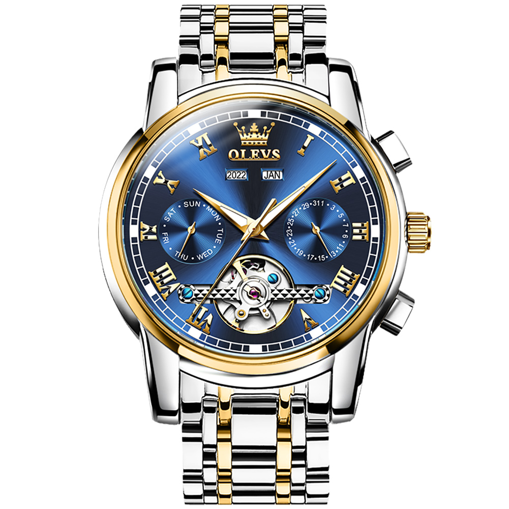 OLEVS Multi functional fully automatic mechanical watch with hollow out waterproof men's watch three eye calendar Men watch
