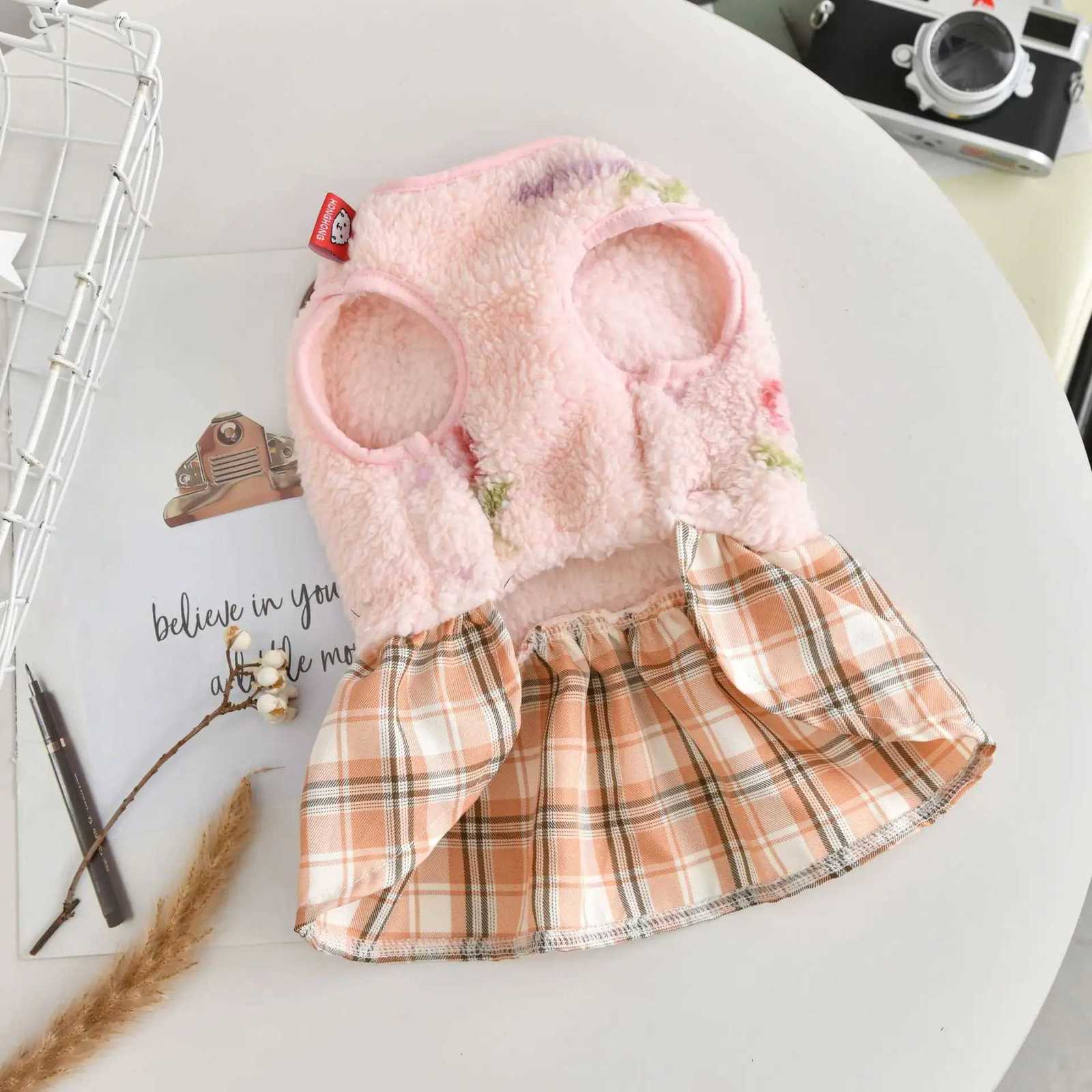 Winter Dog Cat Dress Pink Vest With Plaid Skirt Puppy Costume Pomeranian Poodle Schnauzer Autumn Outfit Puppy Clothes Accessory M251208