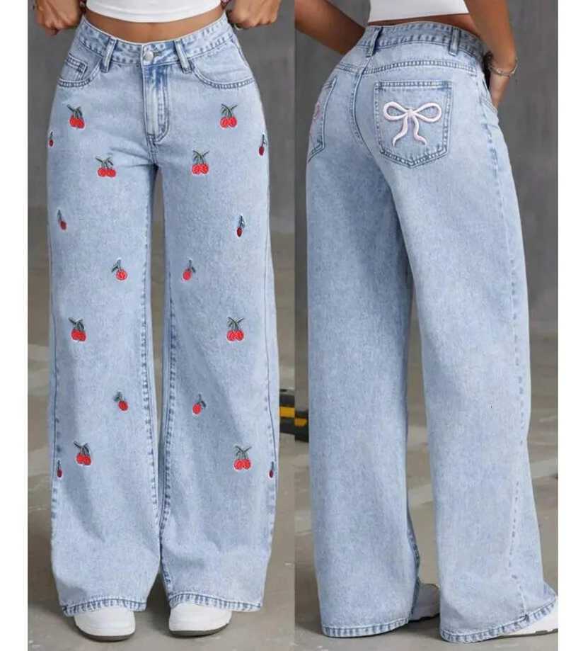 Denim Wide Leg Pants Women Jeans Embroidery High Waist Distressed Washed Mom Pockets Vintage Floor Length Trousers StreetwearT251208