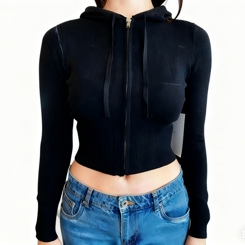 Women's Jackets Women's Ribbed Knit Zip-Up Hoodie Crop Top - Black Fitted Deep V Neck Hooded Cardigan 8184816
