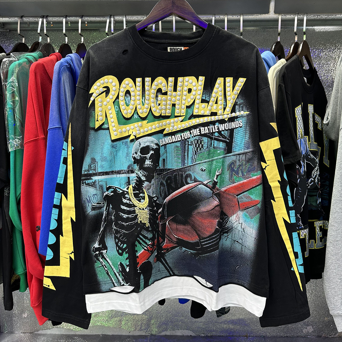 Men's Hoodies RoughPlay Vintage Sweatshirts Washed Skull Hip-hop Style Ripped Hole Patchwork Black Casual Letter Printed Y2K Top Tees High-qualit