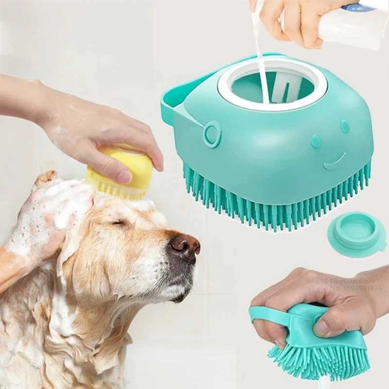 Dog Bathing Brush Pet Massage Brush Shampoo Dispenser Soft Silicone Brush Rubber Bristle for Dogs and Cats Shower Grooming Tool M251208