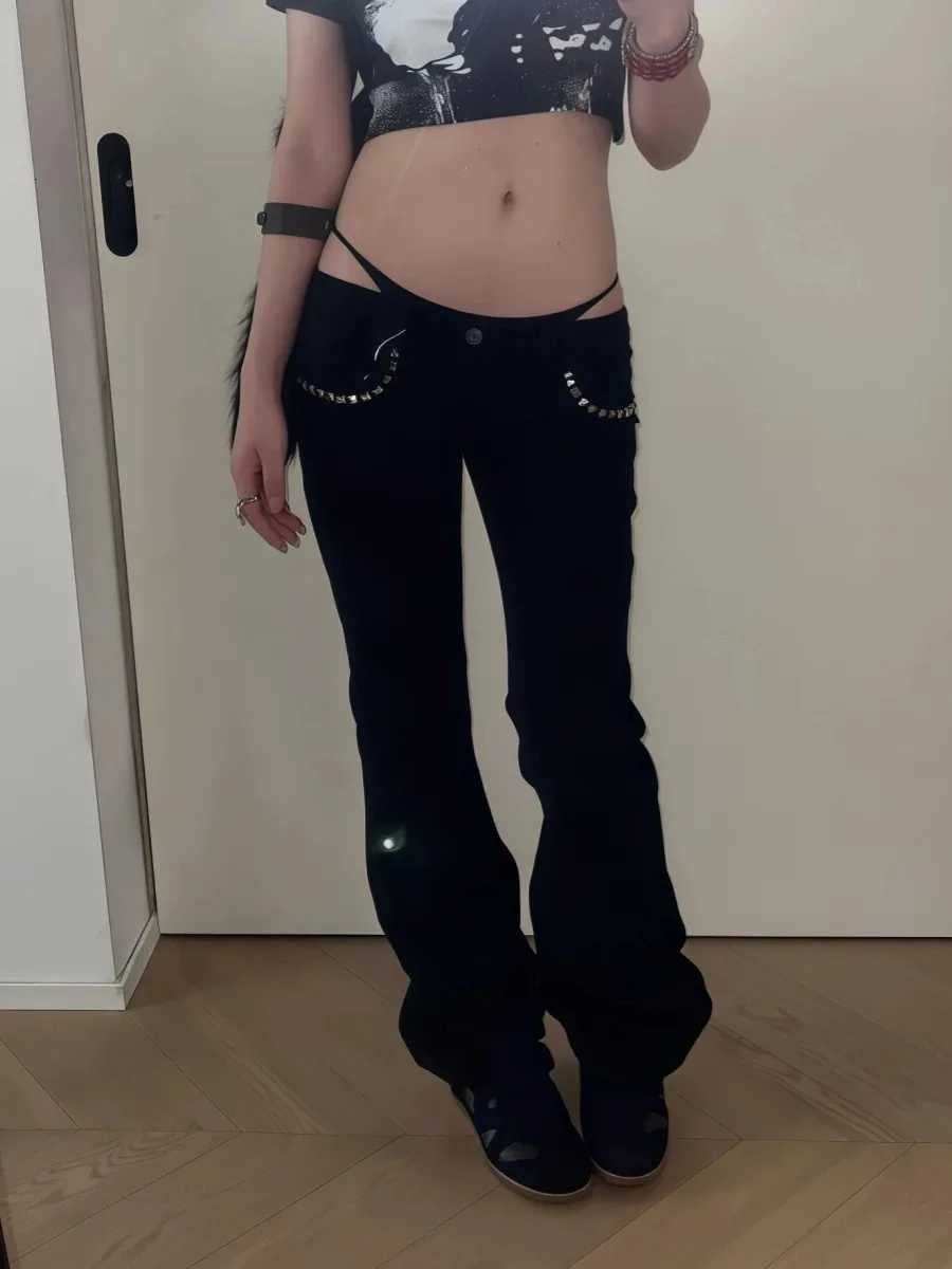Womens Low Rise Jeans Black Flared Denim Pants Gyaru American Retro Korean Cyber Punk Trumpet Jeans Y2k Skinny Bell Bottom NewT251208