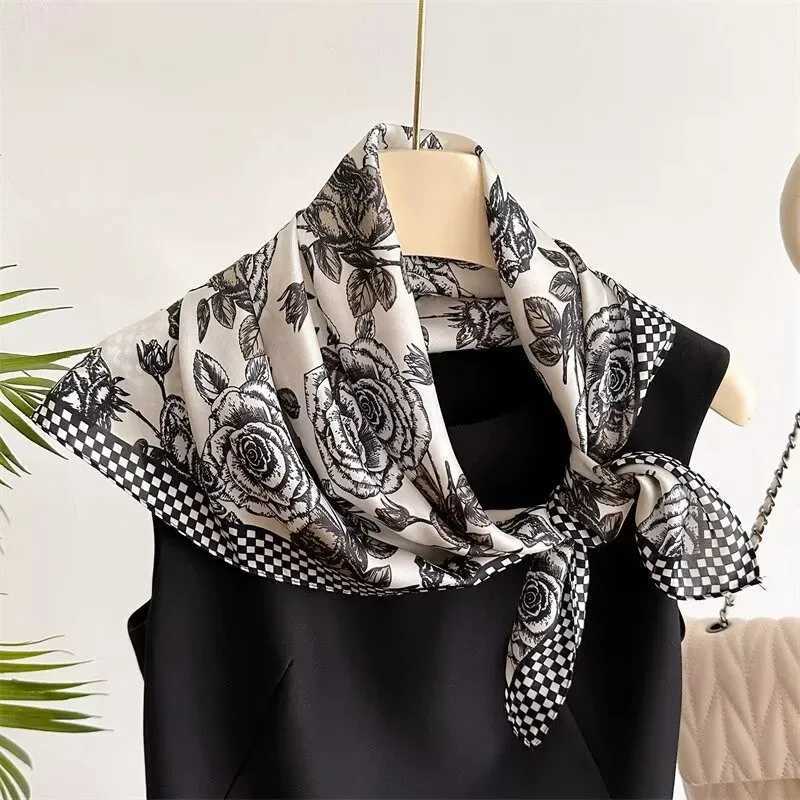 Luxury 68cm Rose Printed Scarf Womens New Spring and Summer Imitation Silk Square Scarf Fashion Versatile Headscarf Shawl Y251208