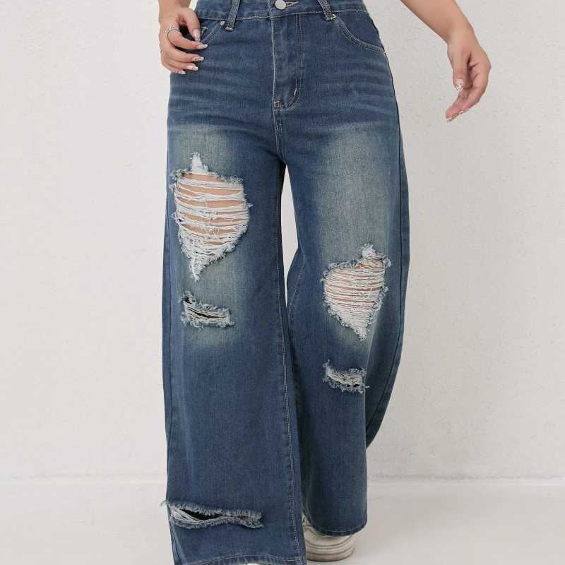 Autumn and Winter Trendy High-waisted Ripped Loose Wide-leg Straight-leg Jeans for Women Casual Fashionable and VersatileT251208