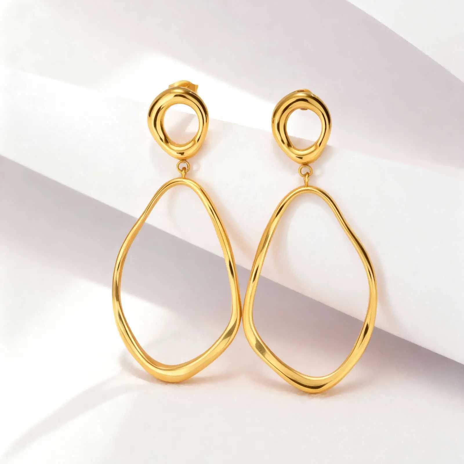 Geometric Irregular Lines Oval Drop Earrings Minimalist Stainless Steel 18K Gold Plated EarringsTrendy Party Jewelry for Women J251208