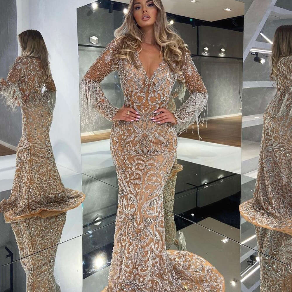 Evening Dress For Women Designer Luxury 2026 Spring New Women's Evening Mermaid Gold Sequins Tassel Elegant Sexy Long Dress