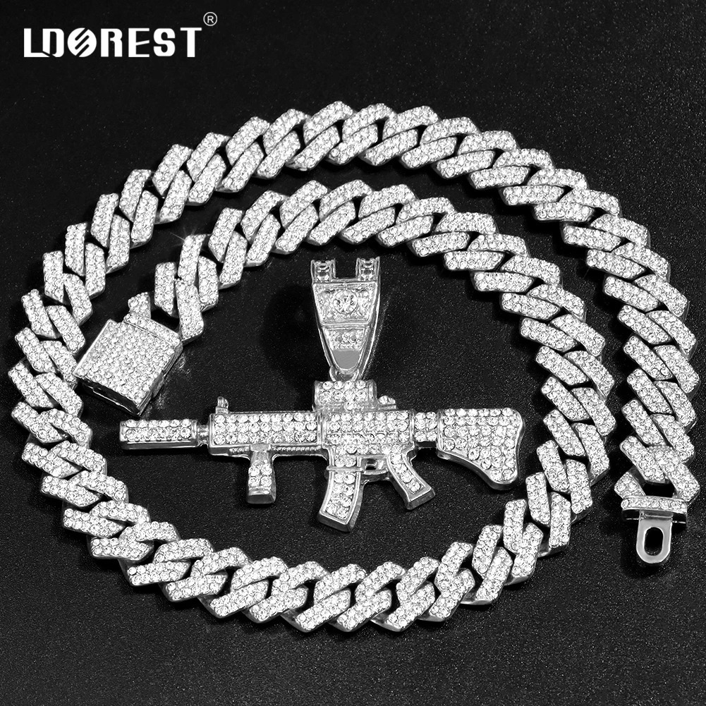 Men Women Crystal Gun AK47 Pendant Necklace Punk Hip Hop 14MM Prong Miami Cuban Link Chain Rapper Necklaces Jewelry For Gifts 251204