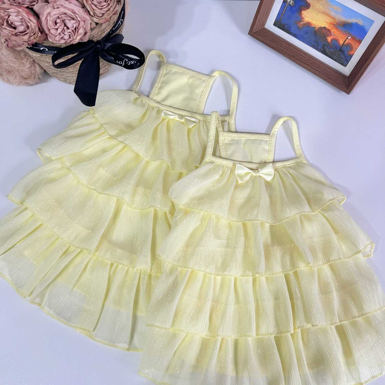 Yellow Pet Princess Dress Shiny Tiered Skirt Cat Dog Clothes For Small Medium Puppy Teddy Cute Bowknot Strap Vest Pet Clothes M251208