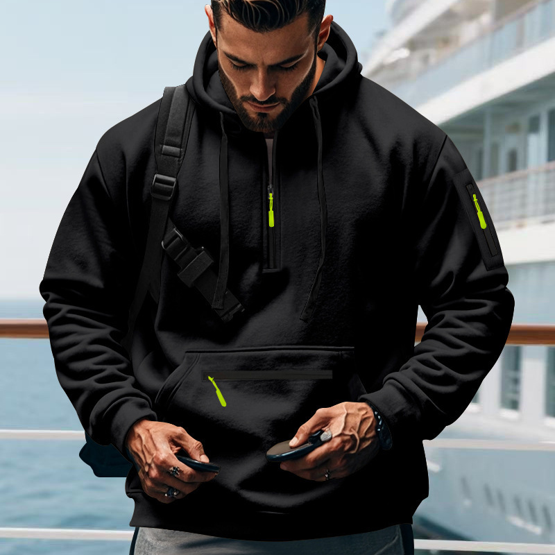 Men's Winter Fleece-Lined Hoodie: Heavyweight American-Style Casual Loose-Fit Sports Cargo Outerwear
