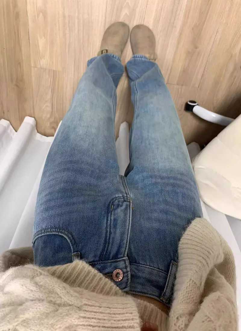 Thick Fabric Waist Straight Leg Jeans Women Popular Winter Plus Size Slimming High Waisted Warm Wide Leg Pants Fashion ItemT251208