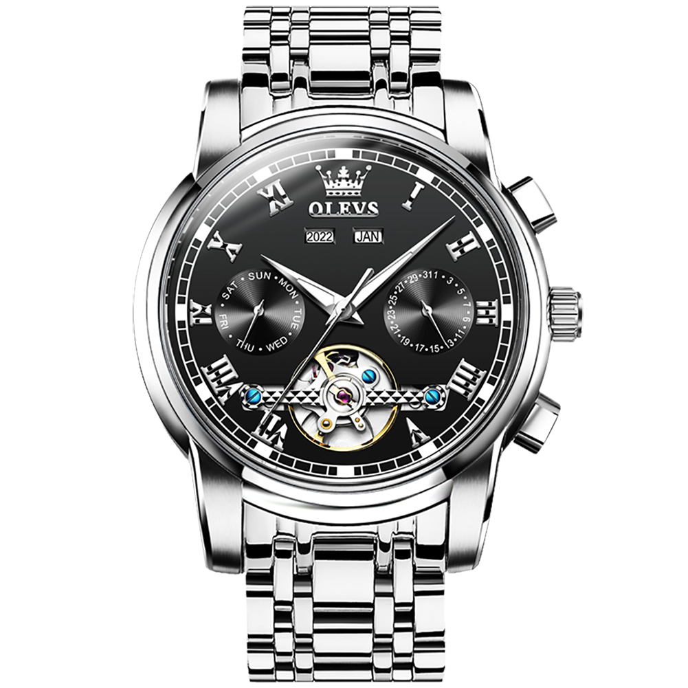 OLEVS Multi functional fully automatic mechanical watch with hollow out waterproof men's watch three eye calendar Men watch