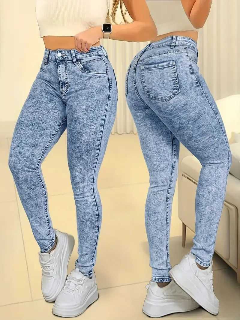 Womens casual high waist elastic slim butt lift tight feet fashionable simple washing snowflake nine-point jeansT251208