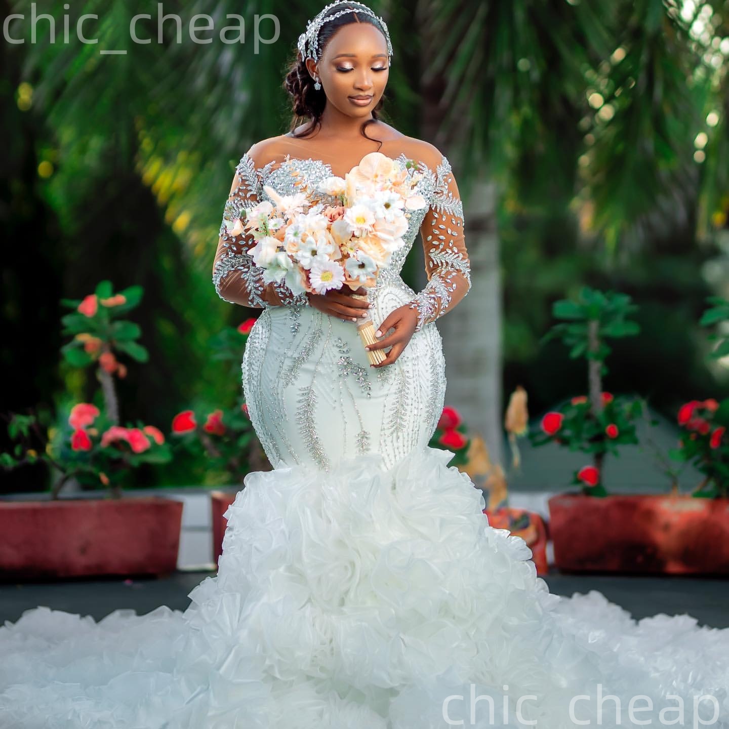 2026 Arabic Aso Ebi Plus Size Ivory Wedding Dresses Beaded Crystals Sheer Neck Organza Tiers Luxurious Bridal Gowns Dress For Brides ZJ2058