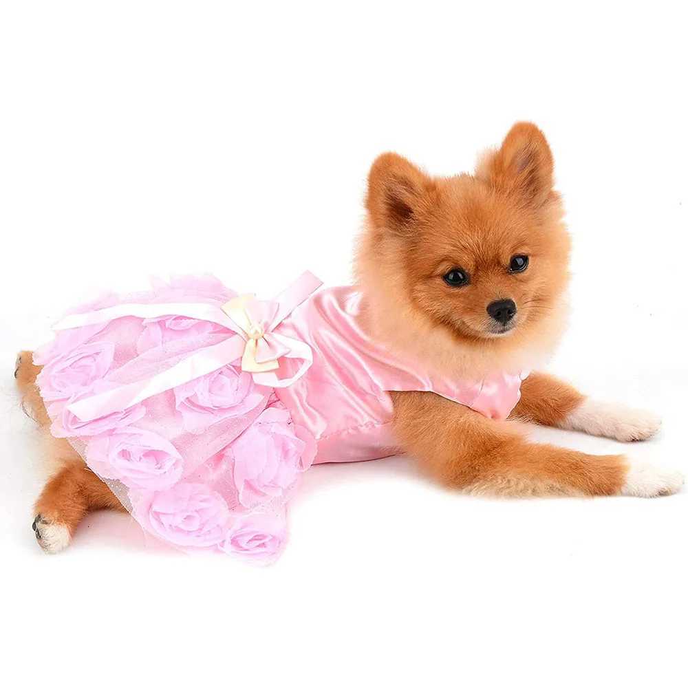 Pet Dresses for Small Dogs Girls Luxury Puppy Wedding Dress Rose Flower Lace Tutu Skirt Silky Bow Birthday Party Cat Dog Clothes M251208
