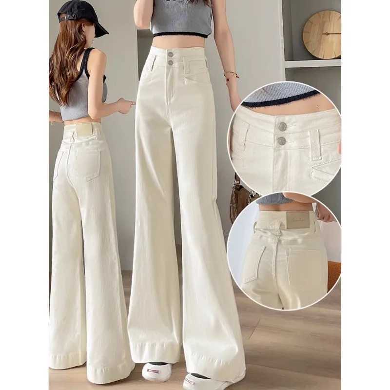 Off White Wide Leg Fleeced Jeans for Women Trendy All Match New High Waist Slimming Belly Covering Micro Flare Long PantsT251208